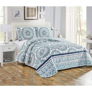 홈 컬렉션 3pc 킹 / 캘리포니아 퀼트 침대 스프레드 세트 플로럴 침구 터쿼이즈 네이비 블루 화이트 세이지 그린
