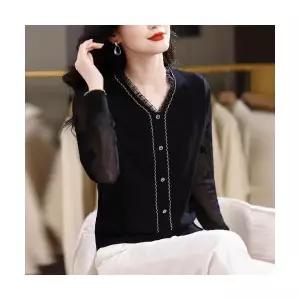 여성용 가을 니트 레이스 브이넥 긴팔 얇은 스웨터 봄 KS3