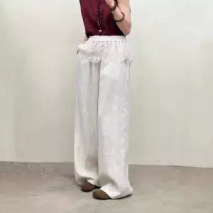 포뇨 여성 봄 레이스 커튼 린넨 바지 밴딩 허리 슬림핏 통 마 OPH1