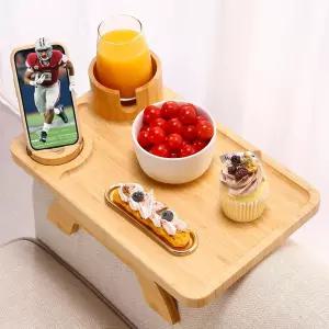 아카나클 대나무 소파 팔걸이 테이블 360 회전 휴대폰 홀더 및 컵 있는 3-in-1 트레이 음료 스낵 리모컨용