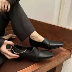 엘럽 빈티지 봄 여성용 하이힐 슈즈 통굽 단화 소프트 가죽 힐 로퍼 원템1