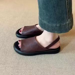 팽블몰 여성 빈티지 스트랩 샌들 양가죽 프렌치 라운드 토오픈 통굽 플랫 로마슈즈 백 HO5