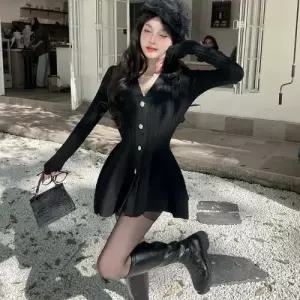 픽토 스커트 니트 원피스 미니 가을 여성용 브이넥 슬림핏 프렌치 젠3