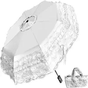 루옥시안 유니크 오토 클로즈/오픈 프린세스 레이스 접이식 우산 안티-uv 파라솔 선우산 핸드백과 함께하는