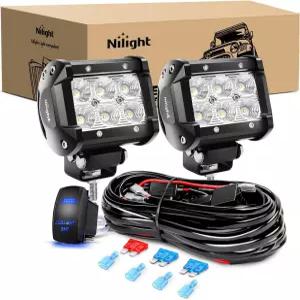 Nilight LED 라이트 바 2PCS 18W 플러드 오프 로드 12V 5핀 로커 스위치 배선 하네스 키트 2년 보증 클리어