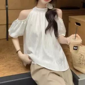 [SBD] 홀터넥 어깨트임 블라우스 스트라이프 세로 뒷리본