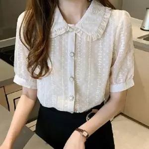 [SBD] 자수 데이트룩 진주단추 블라우스 반팔 프릴 여리핏