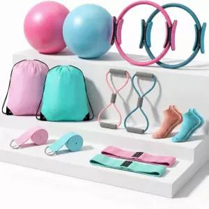 가정용 필라테스 장비 키트 n여성용 12인치 서클 요가 링 및 볼 세트 n저항 밴드 스트랩 양말 가방 포함 n