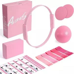 여성용 롱송 필라테스 키트 5개의 저항 밴드가 있는 13.7인치 실리콘 링 요가 볼 1개 블록 코어 슬라이더