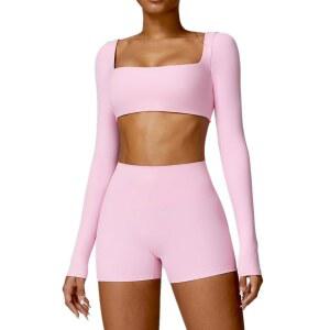 여성 ABOCIW 운동 세트 2피스 스퀘어넥 긴팔 크롭탑 하이웨이스트 바이커 반바지 체육관
