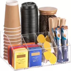 카운터탑용 아크릴 커피 스테이션 정리함 티백 조미료 포드 크리머 시럽 컵 교반기 6개의 구획이 있는 바