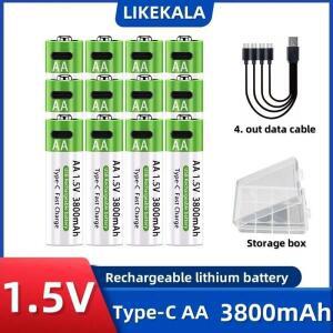 LIKEKALA 리튬 이온 AA 충전지 Type-C 3800mAh 1.5V 데이터 케이블 및 보관함
