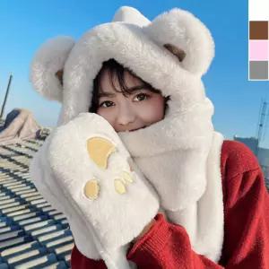 겨울 일체형 곰후드 목도리 장갑 1P 방한 모자 머플러 Syy9+5pMi