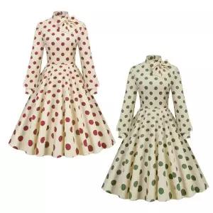 [에이치플러스몰]ToB 물방울패턴 레트로 베이지 리본하이넥 원피스 2color