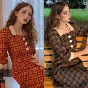 [에이치플러스몰]ToB 믹스체크 하트넥 각카라 원피스(2color) 경성의상 복고의상