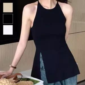 롱기장 여성스러운 슬림핏 홀터 디자인 나시 티셔츠