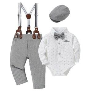 YALLET 남자 턱시도 0-1 신사복 베레모 모자 의상 세트 보타이 긴팔 바지 멜빵