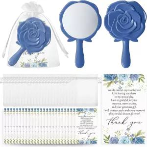 Wenqik 24 세트 브라이덜 샤워 로즈 컴팩트 미러 대량 결혼식 하객을 위한 핸드헬드 감사 카드 및 오르간자