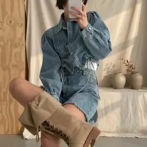 [하프클럽/옷자락]여성 셔링 퍼프 칼라 크롭 청자켓 투웨이 봄용