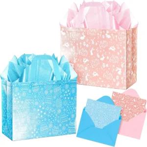 샤오스렌 2팩 카드 봉투 휴지가 포함된 대형 해피 부활절 선물 가방 남아 파티 용품용 손잡이가 있는