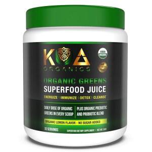 KOA Organics Greens 슈퍼푸드 주스 파우더 - USDA 슈퍼 그린 파우더, 스피루리나, 클로렐라, 말차, 밀 잔디, 소화 효소 및 프로바이오틱스 함유 레몬 맛 30회
