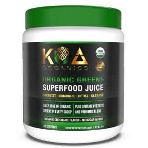 KOA Organics Greens 슈퍼푸드 주스 파우더 - USDA 슈퍼 그린 파우더, 스피루리나, 클로렐라, 말차, 밀 잔디, 소화 효소 및 프로바이오틱스 함유 초콜릿 맛 30