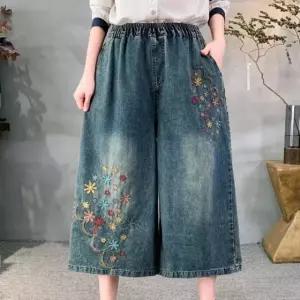 [애슬릿] 자수 청바지 여성 밴딩 7부 데님 통바지 빅사이즈