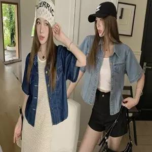 여성 데님 반팔 셔츠 남방 세미크롭 짧은 청자켓 (HSJ-WD0CE24)
