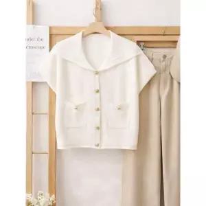 [하프클럽/샵앤]여성 세일러넥 단추오픈 양포켓 반팔 니트 가디건 DGB-WCD-2513