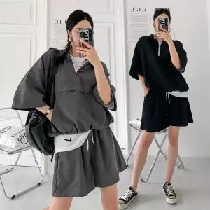 여성 나일론 무지 후드 반집업 반팔티 밴딩 반바지 아노락 세트 -WPST0395- 여름