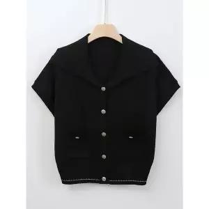 [하프클럽/샵앤]여성 세일러넥 단추오픈 양포켓 반팔 니트 가디건 DGB-WCD-2513