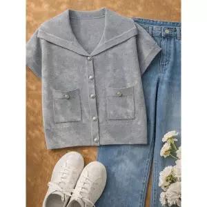 [하프클럽/샵앤]여성 세일러넥 단추오픈 양포켓 반팔 니트 가디건 DGB-WCD-2513