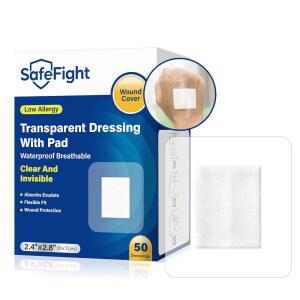 흡수 패드가 있는 세이프파이트 투명 필름 드레싱, 2.4인치 x 2.8인치, 50팩 멸균 드레싱 관리, IV 보호, 타투 애프터케어 및 샤워 커버용 방수 붕대