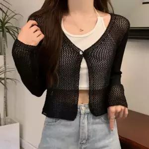 여성 니트 가디건 모던한 루즈핏 박시 원버클가디건 얇은 숏가디건 짧은 볼레로 시스루 린넨