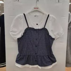 소이 HC22 4부 체크 뷔스티에 블라우스 여아 여름용 네이비 체크 슬림핏 블라우스  26