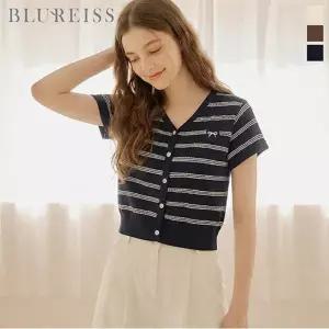 [블루레이스] V넥 리본자수 줄지 가디건_B6M3KC4751