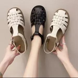 샌들 피셔맨 앞코 막힌 가죽 발편한 여성 여름 메쉬 격자 꼬임 신발