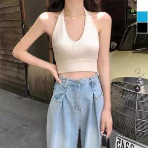 ONM 스판 홀터넥 스타일 무지 크롭 나시티 고품질 여름 바