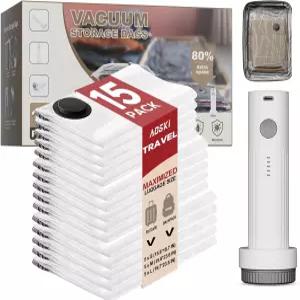 충전식 펌프가 장착된 진공 씰 백 - 작은 공간 가족 계절 정리함을 위한 15팩 의류 보관 5개의 큰 중간