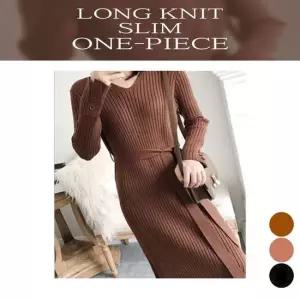 여성 겨울 이너 골지 니트 V넥 롱원피스 허리끈 슬림