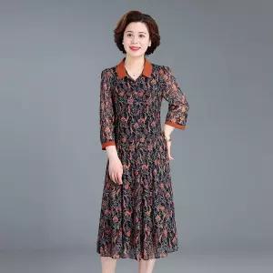 피로달 여자 원피스 슬림핏 롱스커트 플라워 긴팔 칼라 셔츠 봄가을 오는 잔꽃무늬 무릎까지 HO3