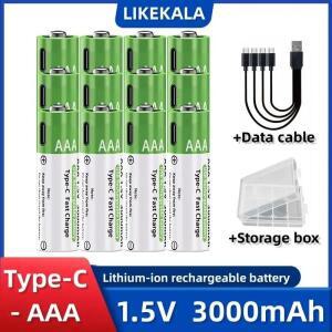 LIKEKALA 리튬 이온 AAA 충전지 Type-C 3000mAh 1.5V + 데이터 케이블 및 보관함