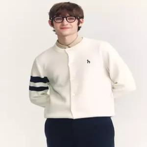 헤지스 남성 24FW [반값세일]아이보리 소매 배색 울 이중직 라운드 가디건 HZSW4D200IV