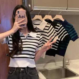 ONM 여성 4컬러 여름 소재 카라 반팔 스트라이프 니트티