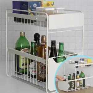 주방 슬라이딩 정리대 2단 철제 레일 선반 슬림 양념통 싱크대 하부장 조미료 꺼내기쉬운 편한 화이트
