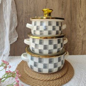 3개 세트 에나멜 스톡팟 평평한 바닥 냄비 라면 손잡이 즉석 뚜껑 샐러드 이중 수프