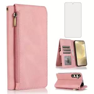 삼성 갤럭시 S24 플러스/S25 플러스 S24+ S25+ 5G 지갑 케이스 액정보호필름 및 지퍼 레트로 가죽 플립 커