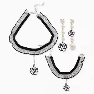 (목걸이+귀걸이+팔찌) (은침) 장미 레이스 초커 세트