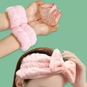 세안밴드 세수 세안 리본 헤어 머리띠 손목 밴드 세트 핑크