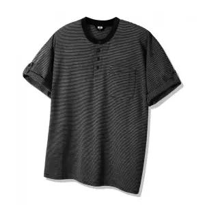 TRILLION 씬 스트라이프 롤 업 포켓 헨리넥 반팔 티셔츠_블랙